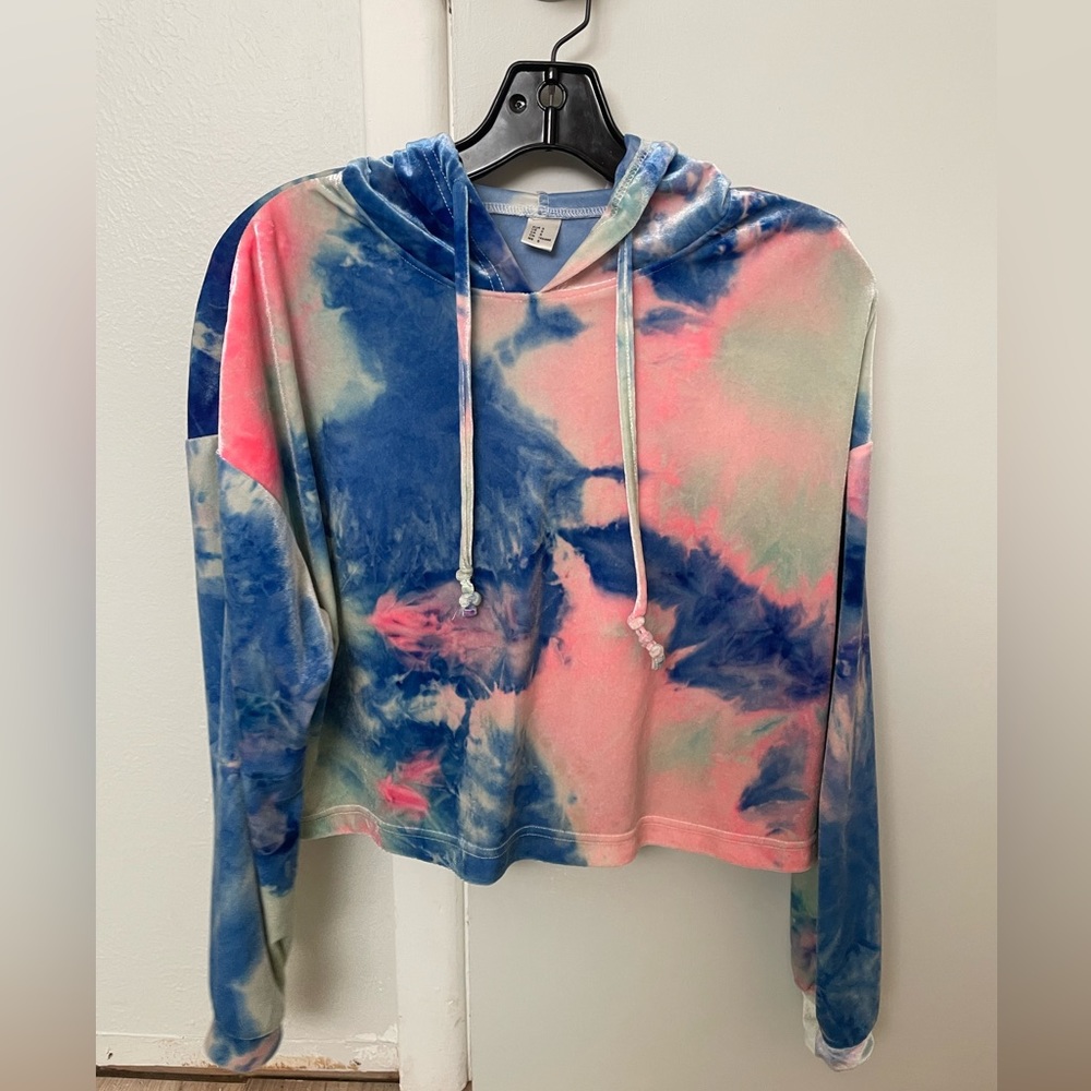 Blue and Pink Tie-Dye Cropped Velvet Hoodie